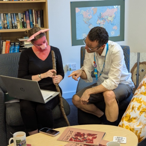 Head Teacher Mr Mar Grady looks at data with English teacher Ms Gregory